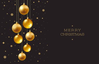 Mutlu Noeller ve mutlu yıllar tebrik kartı. Siyah arka planda kar taneleri olan Altın Xmas Baloları. Vektör illüstrasyonu