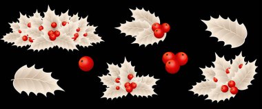 Noel Holly seti. Noel süslemesi. Vektör Holly böğürtlen elementleri. Noel festivali, yeni yıl davetiyesi ya da tebrik kartları. Kırmızı dutlu Holly dalları. Eps 10