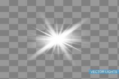 Parlayan ışıklar gri arka planda izole edilmiş. Güneş ışınları ve spot ışıklarıyla parlıyor. Parlak ışık efekti. Parıltılı yıldız patlaması.