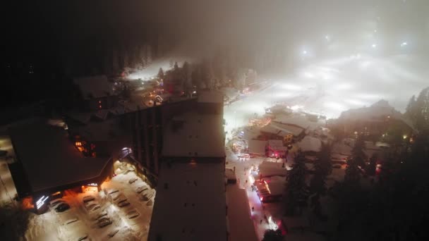 Night Mist Ski Resort Neon Shops Circle Big Hotel Slopes — Stock video