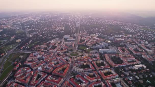 Prague Roundabout Sunset Slow Orbit Residential Area Mist Historical City — Stock video