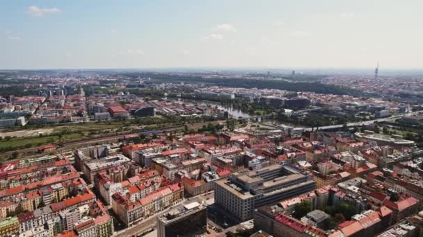 Prague Fly Old Residential Neighborhood Train Station Reveal River Bridge — Stock video