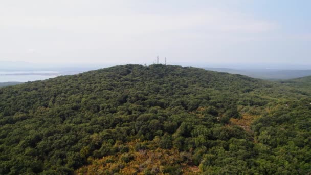 Forest Orbit Mounain Top Torres Rádio Conectividade Internet Seaside View — Vídeo de Stock