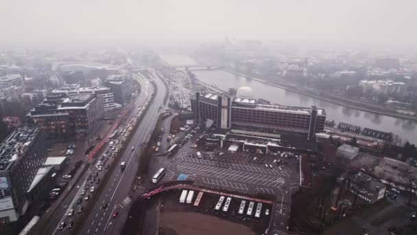 Krakow Poland Dark Moody Cold Weather Rain Aerial Drone Far — Stok Video