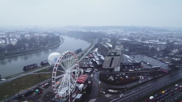 Kraków Polska Bad Weather Rain Snow Aerial Drone Orbit Descend — Wideo stockowe