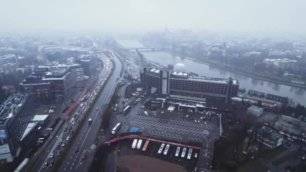 Kraków Polska Bad Weather Rain Snow Aerial Drone Steady Forum — Wideo stockowe