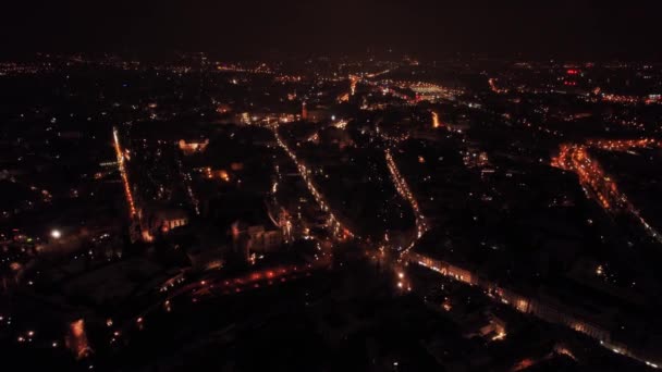 Night Aerial Timelapse Orbit Krakow Centre Clubs Lights Streets Rain — Stock video