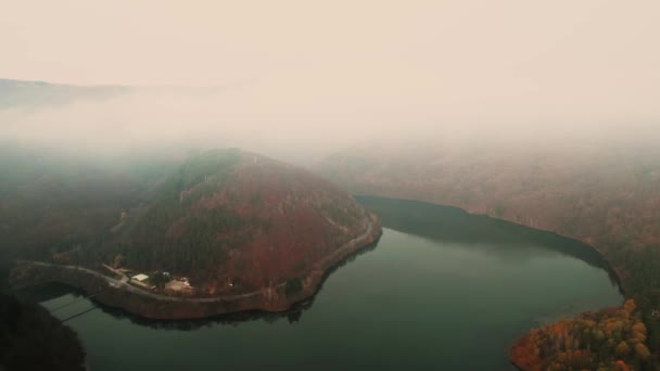 Chmury Mgła Jesień Vibrant Colors Fly Fog Reveal Drone Natura — Wideo stockowe