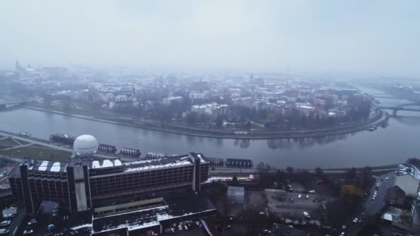 Kraków Polska Śnieg Ciemny Nastrój Zimny Deszcz Drony Lotnicze Przelatują — Wideo stockowe