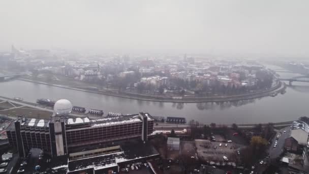 Krakau Polen Koud Weer Regen Luchtfoto Drone Fly Reveal Historical — Stockvideo