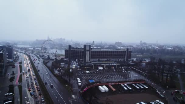 Cracovia Polonia Dark Moody Freddo Meteo Pioggia Neve Aerea Drone — Video Stock