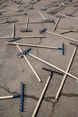 The rake spread out on the sidewalk. Many new rakes laid out on the road. The concept of mistakes and difficulties in life. clipart