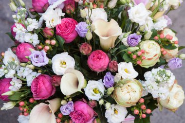 Güzel, büyük renkli bir buket gül ve kalla çiçeği. Güzel gül çiçekleri mor, açık pembe, güzel açık mor.