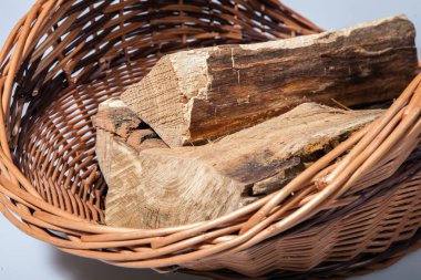 Tahta kütükler arka planda izole edilmiş sepetin içinde. Sepette yakacak odun.