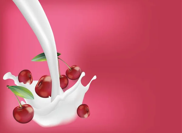 Вишня Падает Молоко Выплеск Изолирован Розовом Фоне — стоковый вектор