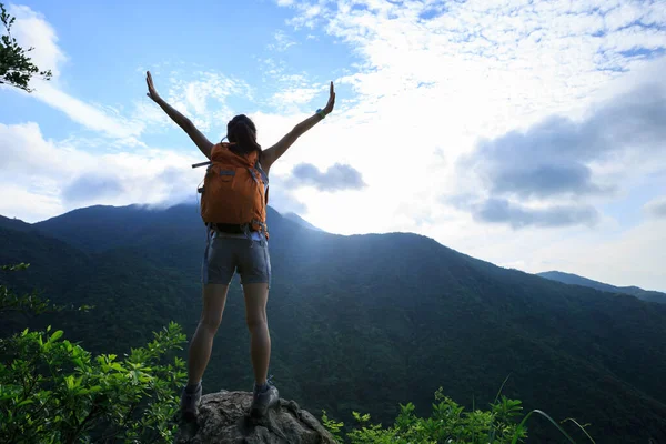 Successful Kobieta Turysta Cieszyć Się Widokiem Szczycie Urwiska — Zdjęcie stockowe