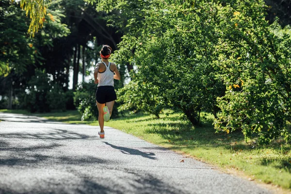 健康的女人在阳光灿烂的热带公园小径上奔跑 — 图库照片