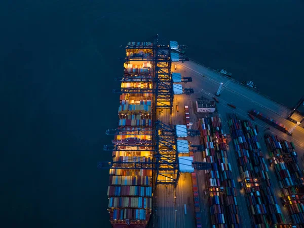 Luchtfoto Van Containerterminal Nachts — Stockfoto