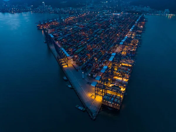 Flygfoto Över Containerterminalen Natten — Stockfoto