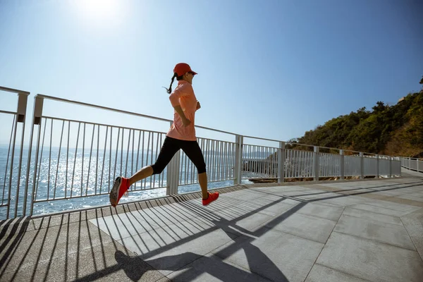 Healthy Lifestyle Fitness Sports Woman Runner Running Stairs Seaside Trail — Stock Photo, Image