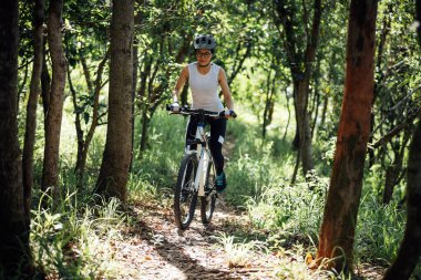 Mountain biking in summer forest