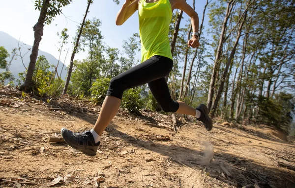 Woman Trail Runner Running Tropical Forest Mountain Peak — Stock Fotó