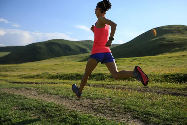 Young Fitness Woman Trail Runner Running High Altitude Grassland — Stock Photo, Image