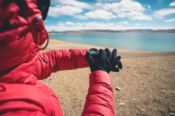 Hiker High Altitude Mountain Top Checking Altimeter Sports Watch — Stock Photo, Image