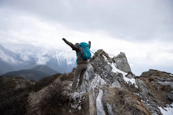 女徒步旅行者喜欢在山顶悬崖边跳下 面对着白雪覆盖的高山 — 图库照片