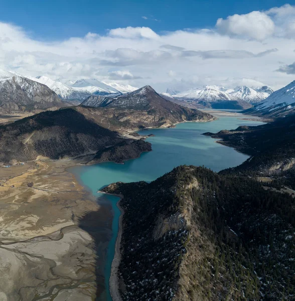 Widok Lotu Ptaka Piękne Góry Jezioro Tybecie Chiny — Zdjęcie stockowe