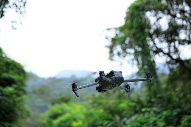 İHA bahar ormanında uçuyor.