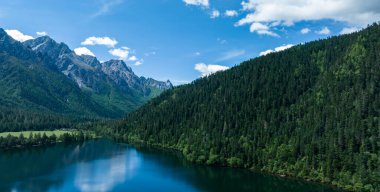 Çin, Sichuan 'daki yüksek irtifa ormanı ve göl manzarasının güzel manzarası.