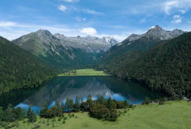 Çin, Sichuan 'daki yüksek irtifa ormanı ve göl manzarasının güzel manzarası.