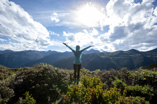 Úspěšná Žena Natažené Končetiny Vysoké Nadmořské Výšce Vrcholu Hory — Stock fotografie