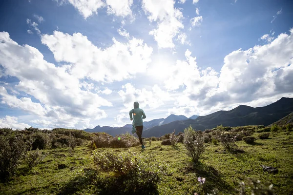 Kobieta Szlak Biegacz Biegnie Przez Kraj Dużej Wysokości Szczyt Góry — Zdjęcie stockowe