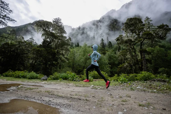 Mujer Trail Runner Cross Country Running High Altitude Mountain Forest — Foto de Stock