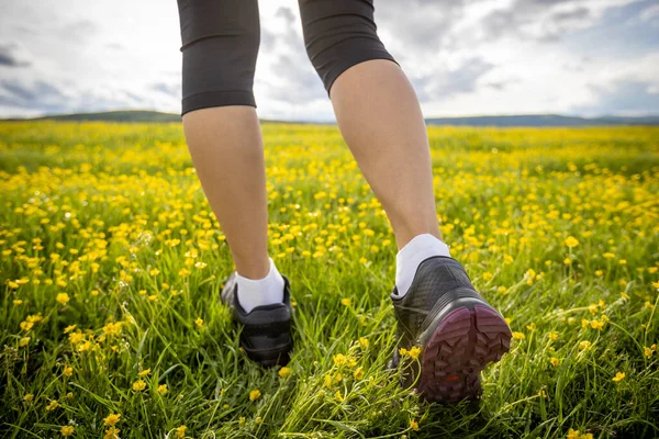 Woman Runner Legs Flowers Trail High Altitude Grassland — Stock Photo, Image