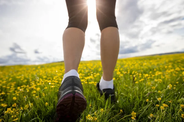 Kobieta Szlak Biegacz Biegnie Przez Kraj Biegając Dużej Wysokości Murawy — Zdjęcie stockowe
