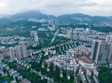 Shenzhen, Çin - Haziran 01.2022: Shenzhen şehrindeki hava manzarası, Çin