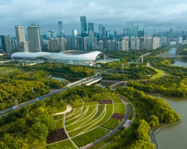 Shenzhen, Çin - Haziran 02 2022: Şenzen şehrindeki hava manzarası, Çin