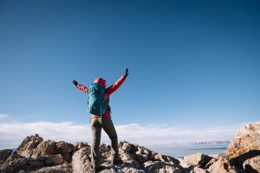 Kadın yürüyüşçü, göl kenarındaki dağın tepesindeki manzaranın tadını çıkarıyor.