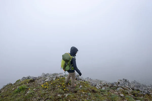 成功的女徒步旅行者在山顶攀岩 — 图库照片