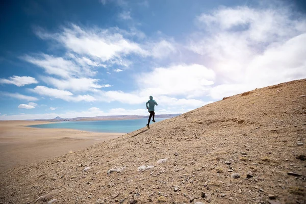 Kobieta Szlak Biegacz Biegnie Przez Kraj Nad Jeziorem — Zdjęcie stockowe