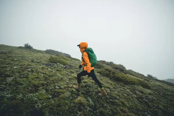 Mulher Caminhando Topo Montanha Alta Altitude — Fotografia de Stock