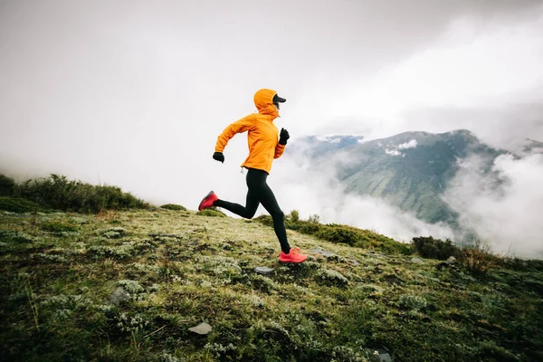 stock image Woman trail runner cross country running at high altitude mountain peak