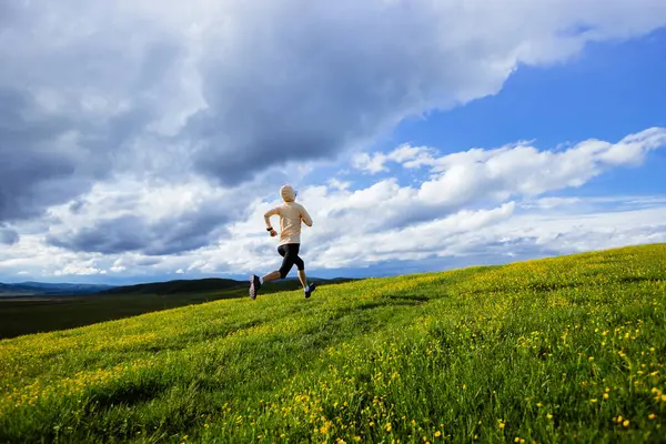 Woman Trail Runner Cross Country Running High Altitude Flowering Mountain — Stock Photo, Image