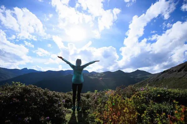 Başarılı Bir Kadın Yüksek Rakımlı Dağ Zirvesinde Uzuvlarını Uzattı — Stok fotoğraf
