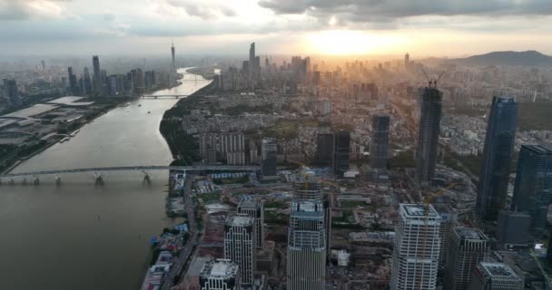 Widok Lotu Ptaka Hong Kong Miasta Zachodzie Słońca — Wideo stockowe