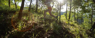 Trail runner running in summer forest trail