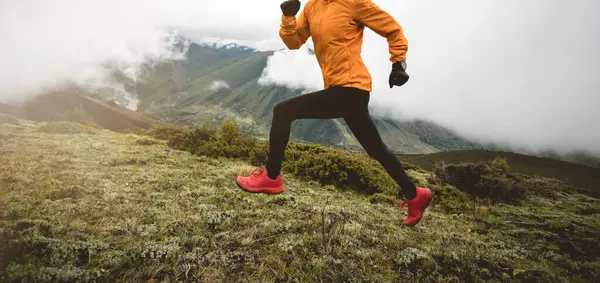 Yüksek Irtifada Dağ Zirvesinde Koşan Kadın Koşucu — Stok fotoğraf